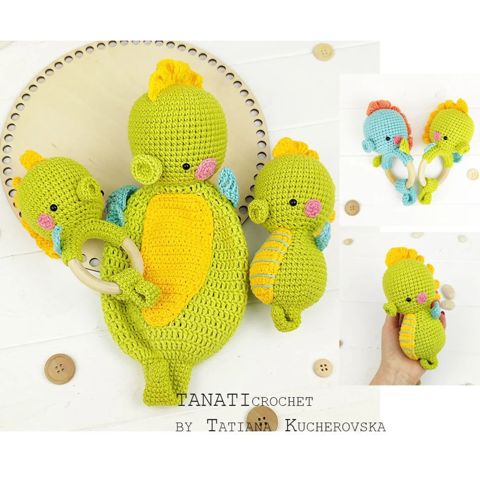 Seahorse cochet/set patterns/comforter/rattle/toy (Tutorial, PDF file)